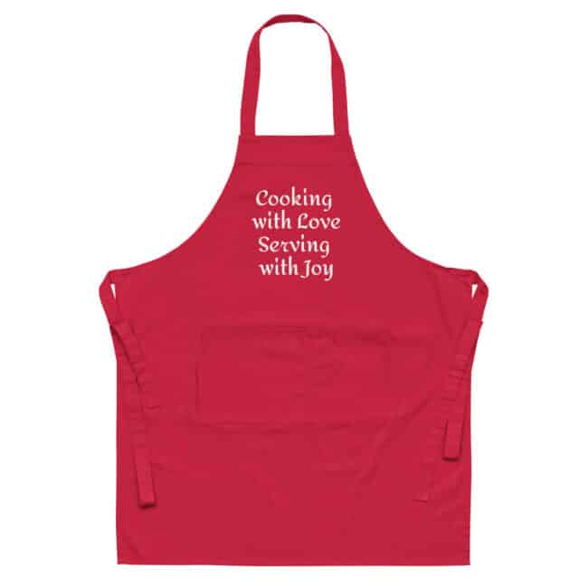 cooking with love serving with joy apron red