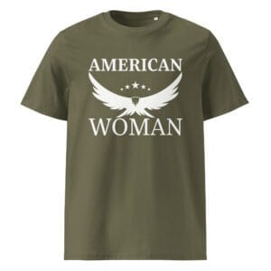 american woman sustainable tee khaki